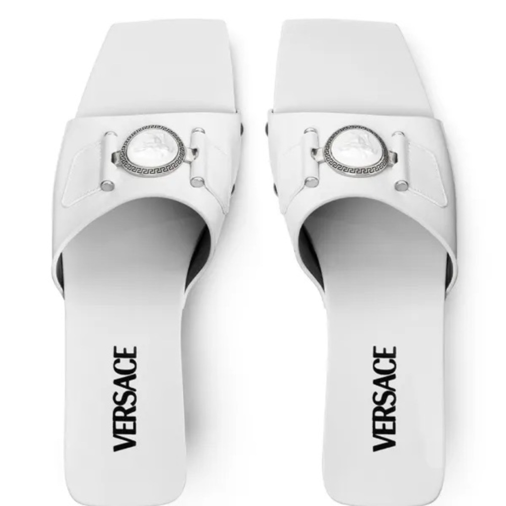NEW Versace 60mm Medusa Buckle Patent Leather Clogs — White